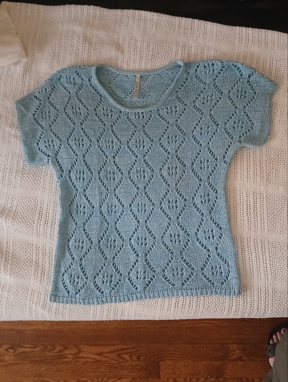 Celestial Blue Openwork Crochet Cotton Blend Knit Short Sleeve Sweater